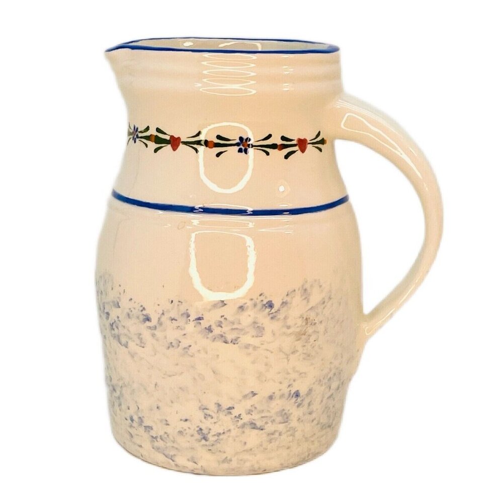 Jo-Chen Blue White Pottery Pitcher Hand Painted Blue Trim Red Hearts USA - Picture 10 of 10